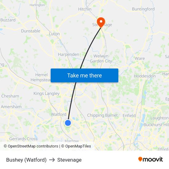 Bushey (Watford) to Stevenage map
