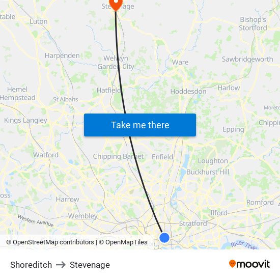 Shoreditch to Stevenage map