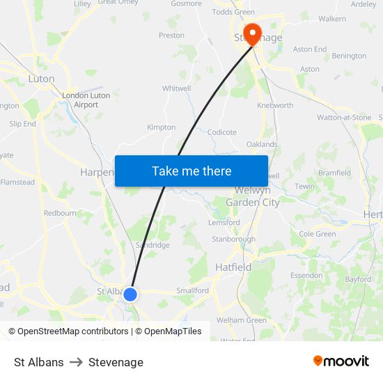 St Albans to Stevenage map