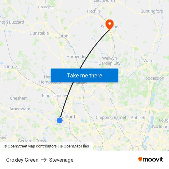 Croxley Green to Stevenage map