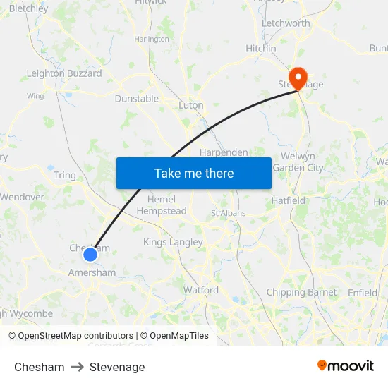 Chesham to Stevenage map