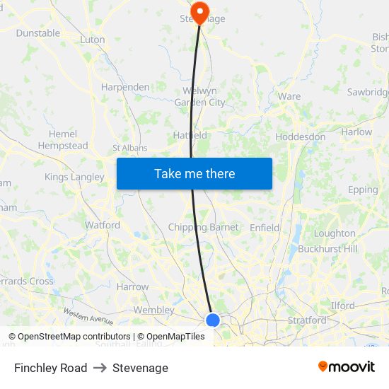 Finchley Road to Stevenage map