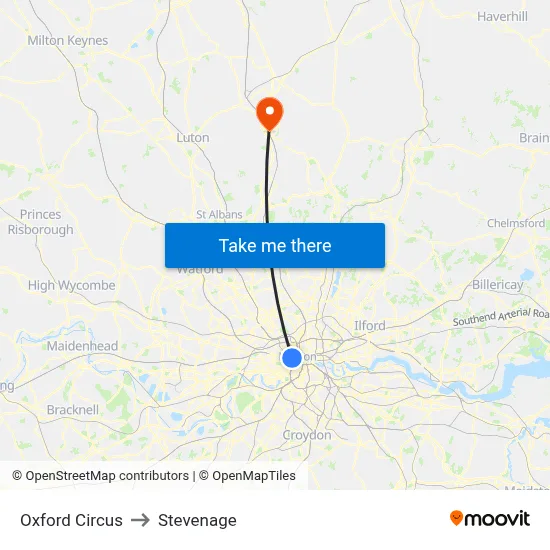 Oxford Circus to Stevenage map