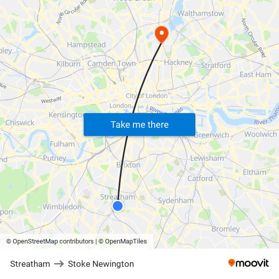 Streatham to Stoke Newington map