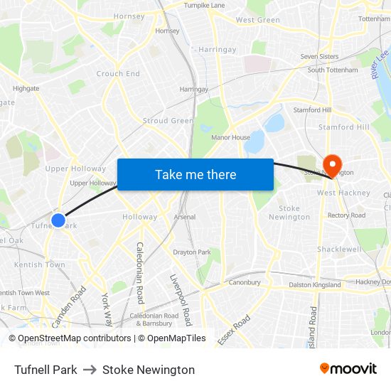 Tufnell Park to Stoke Newington map