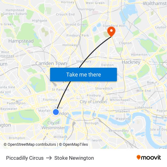 Piccadilly Circus to Stoke Newington map