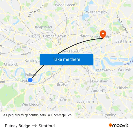 Putney Bridge to Stratford map
