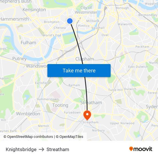 Knightsbridge to Streatham map