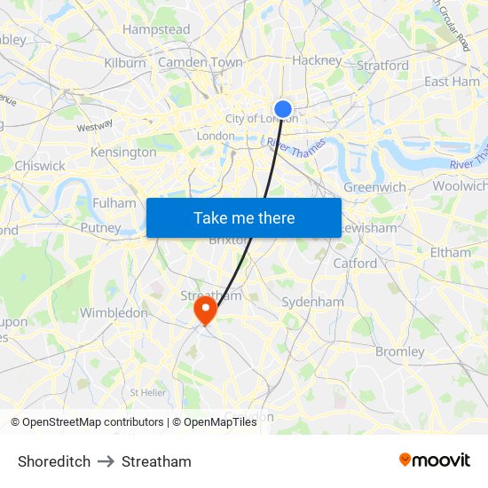 Shoreditch to Streatham map