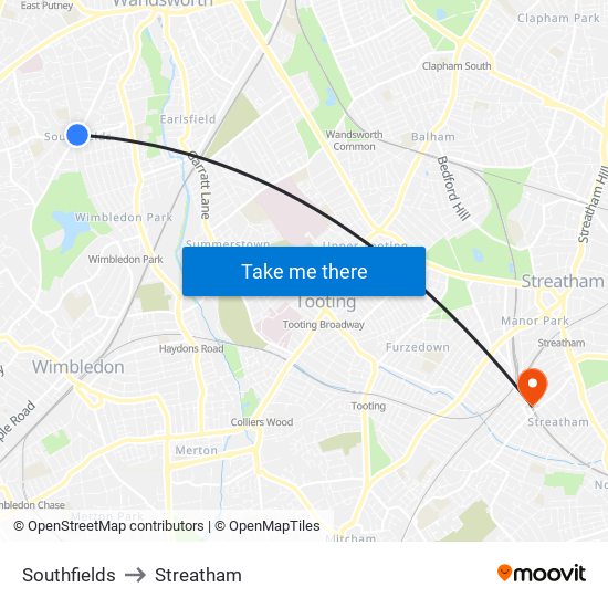 Southfields to Streatham map