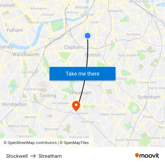 Stockwell to Streatham map