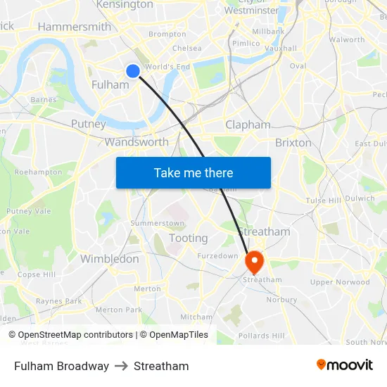 Fulham Broadway to Streatham map