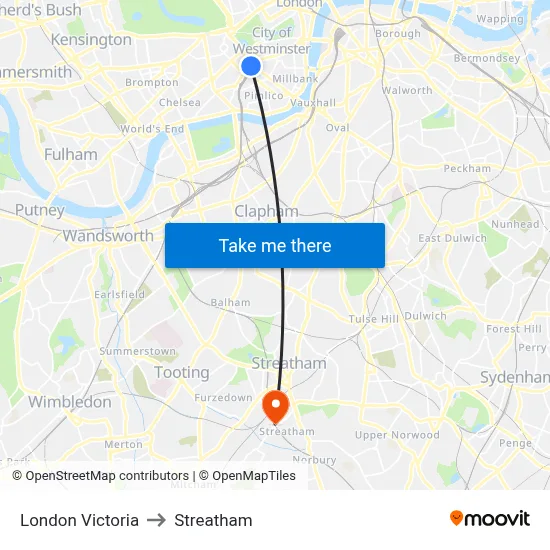 London Victoria to Streatham map