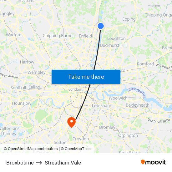 Broxbourne to Streatham Vale map