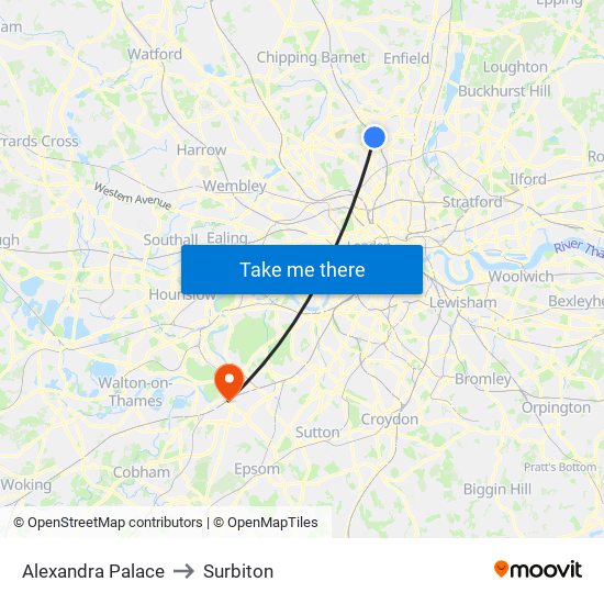 Alexandra Palace to Surbiton map