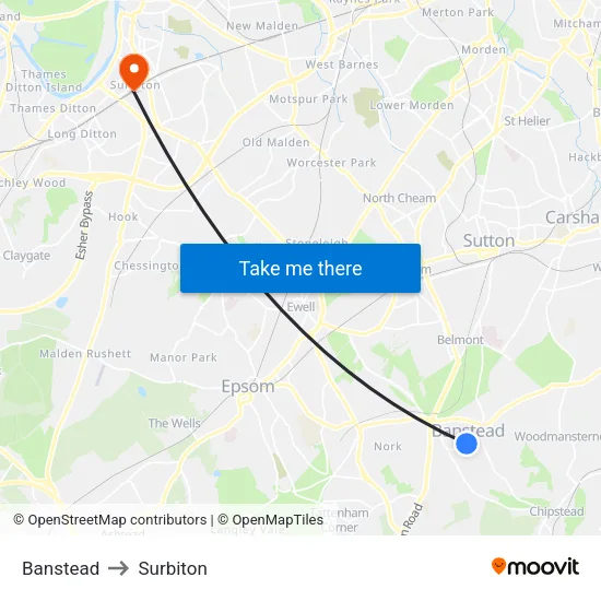 Banstead to Surbiton map