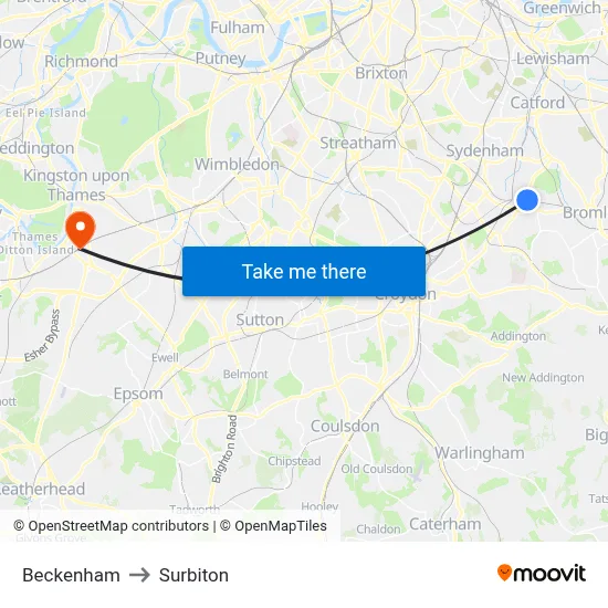 Beckenham to Surbiton map