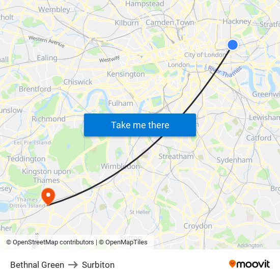 Bethnal Green to Surbiton map