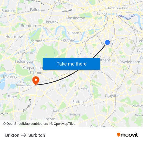 Brixton to Surbiton map