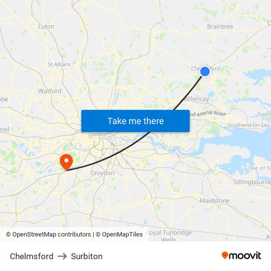 Chelmsford to Surbiton map