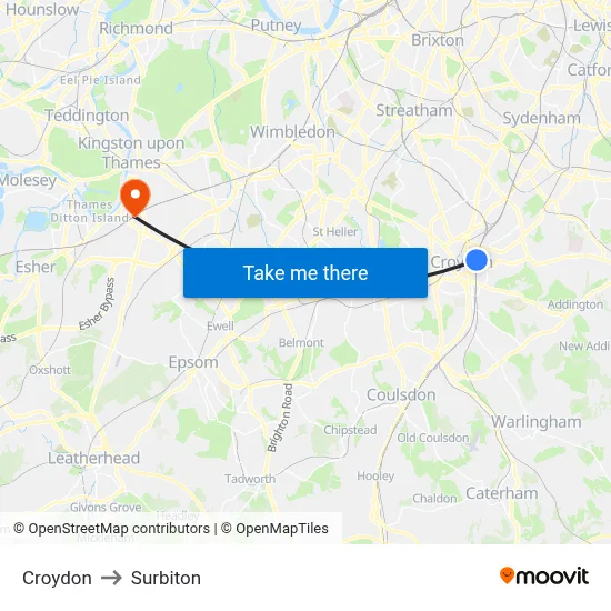 Croydon to Surbiton map