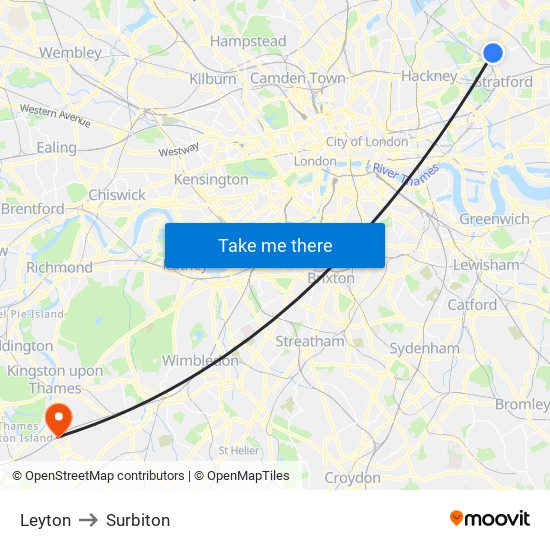 Leyton to Surbiton map