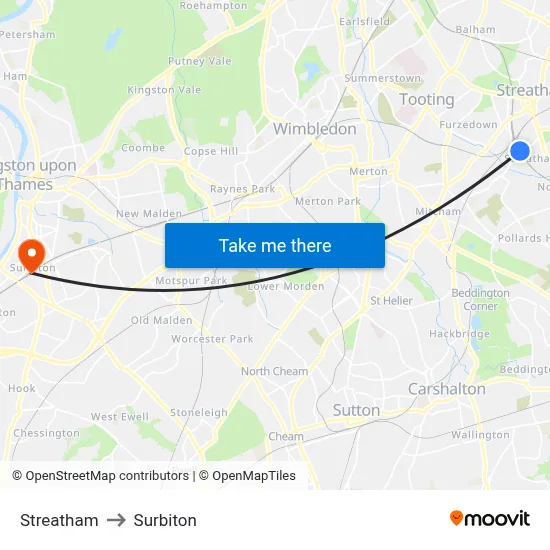 Streatham to Surbiton map