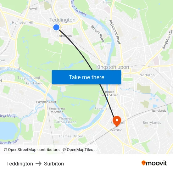 Teddington to Surbiton map