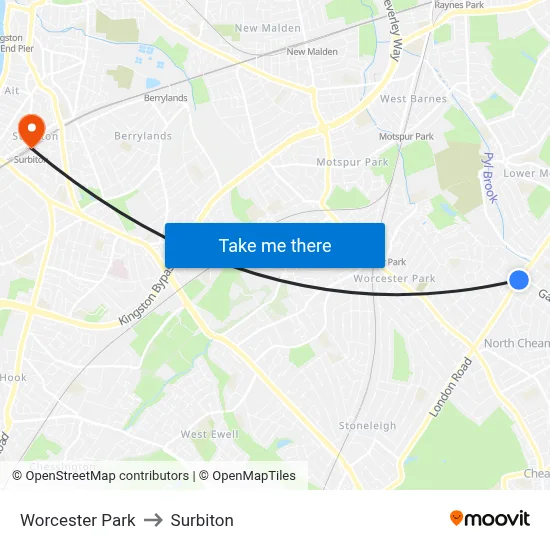 Worcester Park to Surbiton map