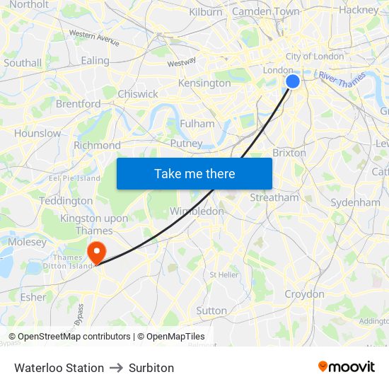 Waterloo Station to Surbiton map