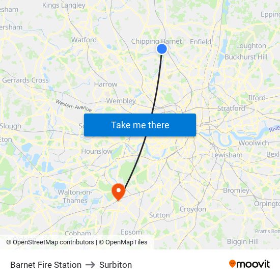 Barnet Fire Station to Surbiton map