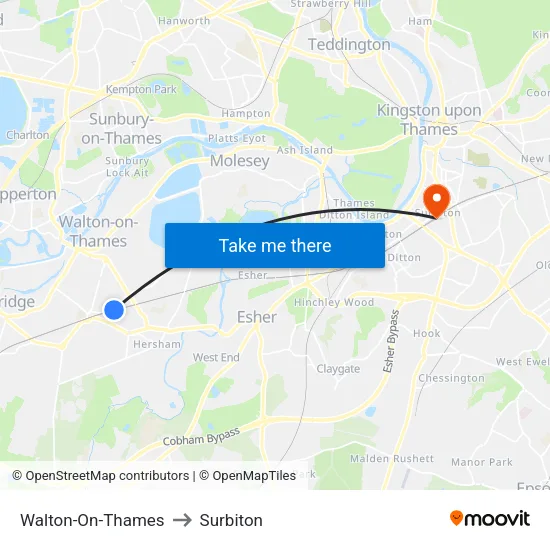 Walton-On-Thames to Surbiton map