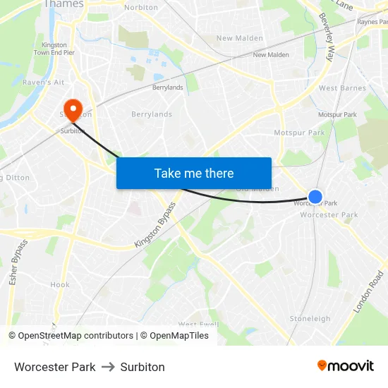 Worcester Park to Surbiton map