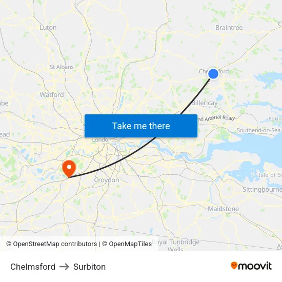 Chelmsford to Surbiton map