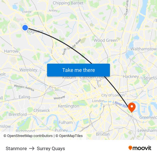 Stanmore to Surrey Quays map