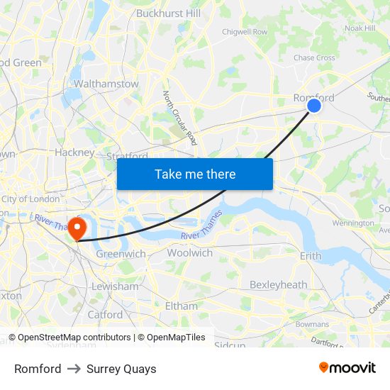 Romford to Surrey Quays with public transportation