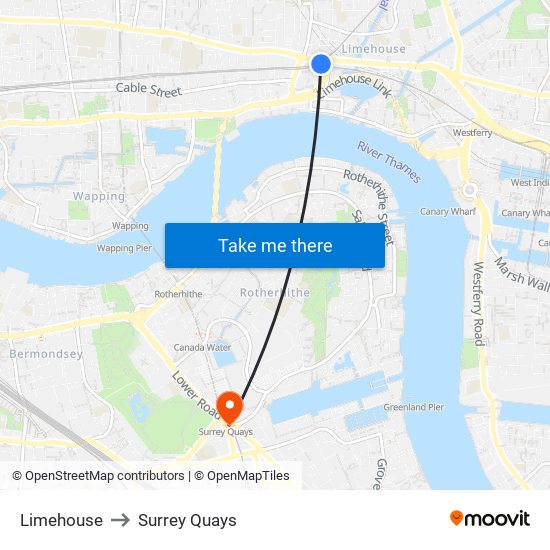 Limehouse to Surrey Quays map