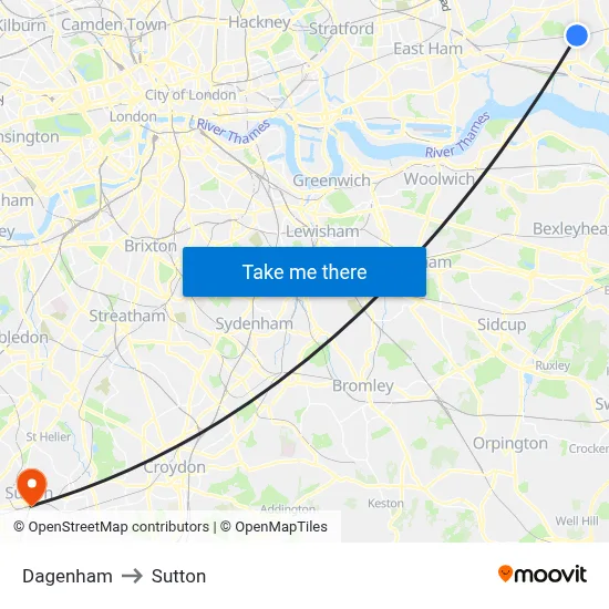 Dagenham to Sutton map