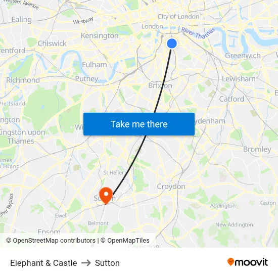 Elephant & Castle to Sutton map