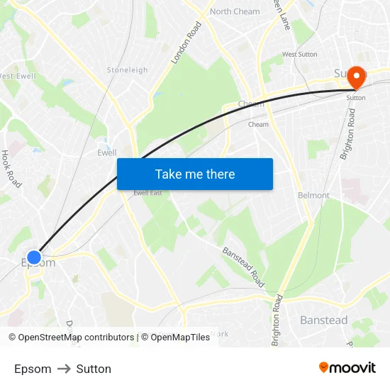 Epsom to Sutton map