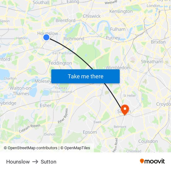 Hounslow to Sutton map