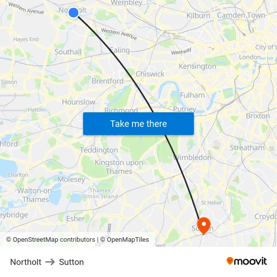 Northolt to Sutton map