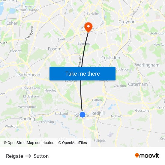 Reigate to Sutton map