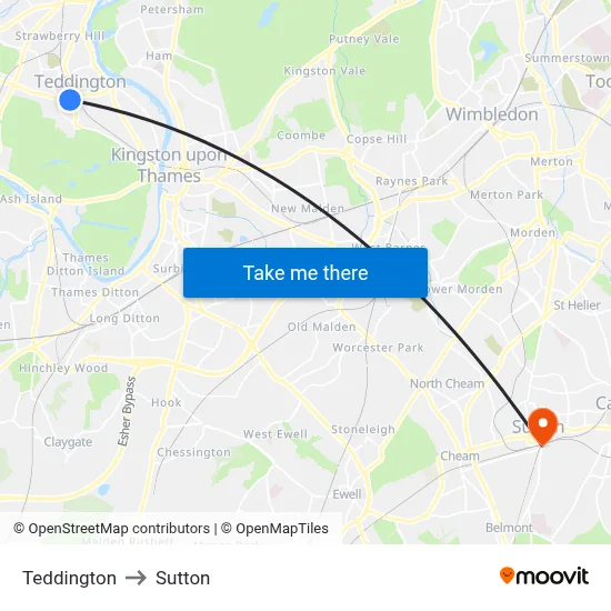 Teddington to Sutton map