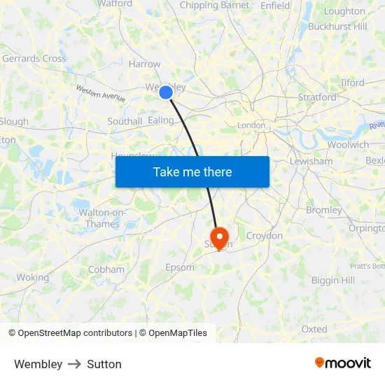 Wembley to Sutton map