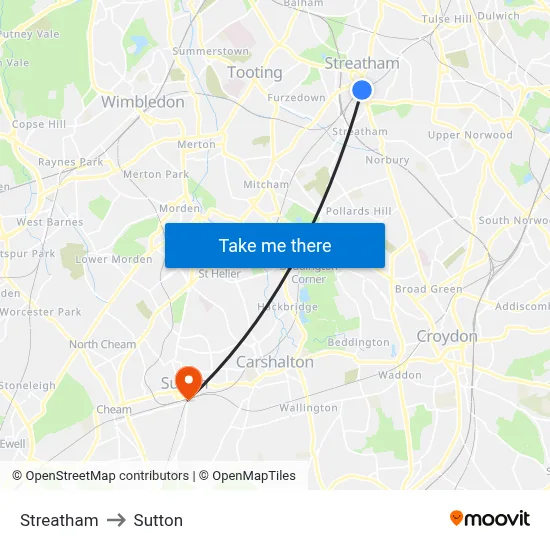 Streatham to Sutton map