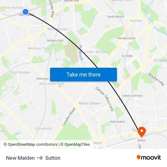 New Malden to Sutton map