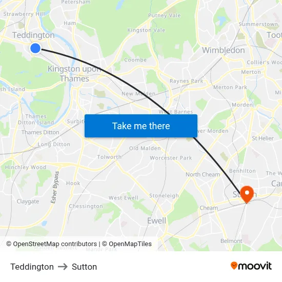 Teddington to Sutton map