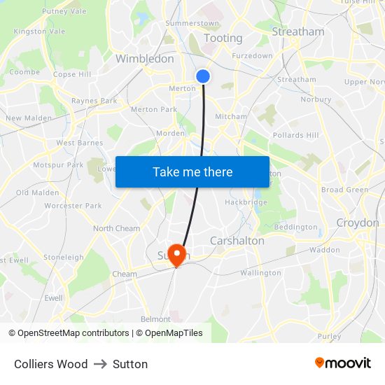 Colliers Wood to Sutton map