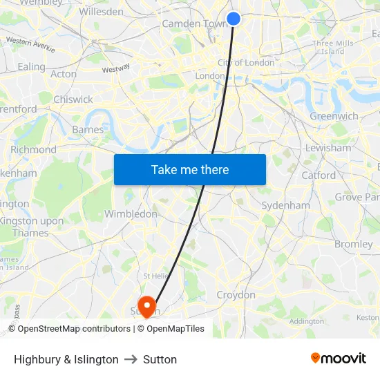 Highbury & Islington to Sutton map